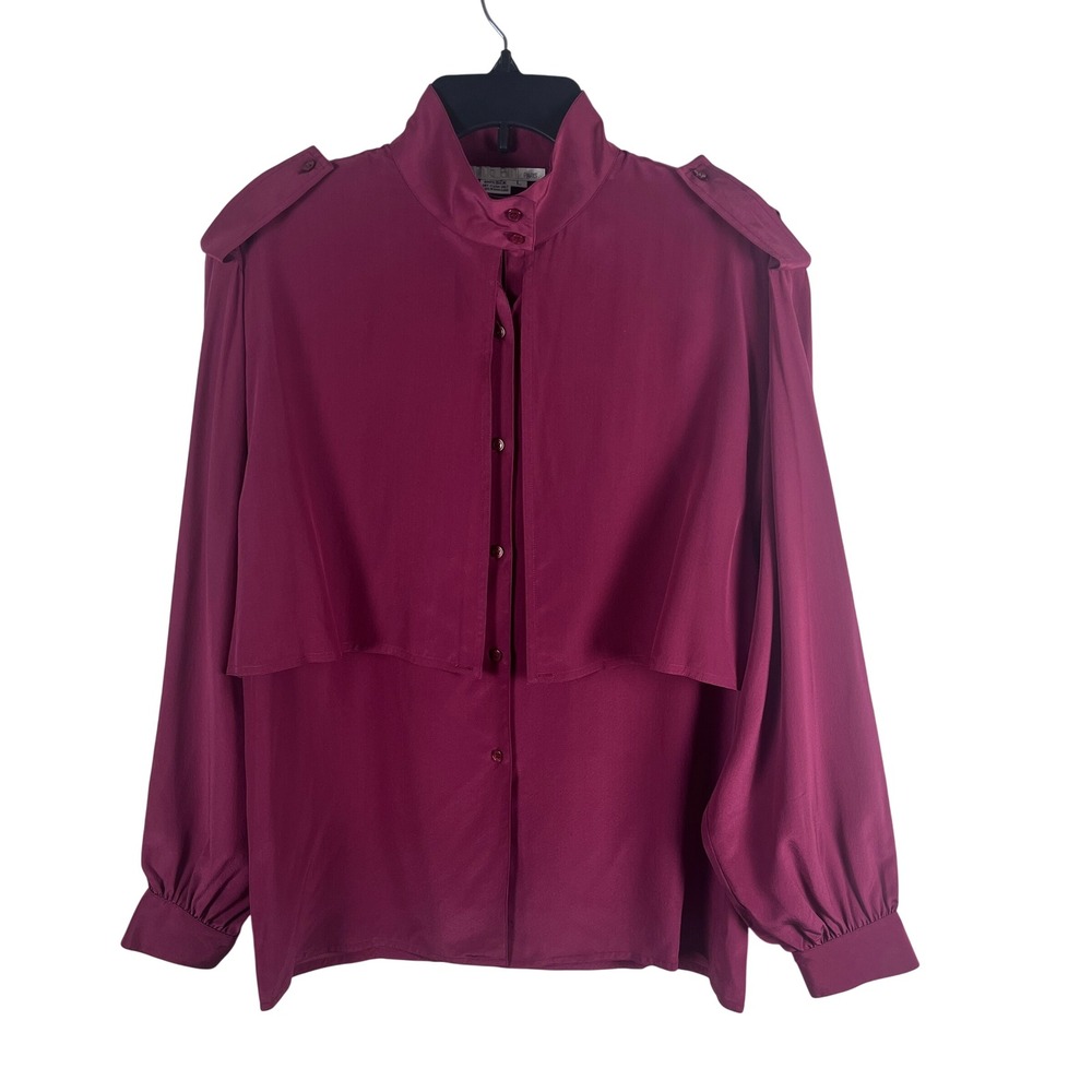 Women's 100% Silk Blouse Mock Neck Cape Overlay L Magenta Career Chic
